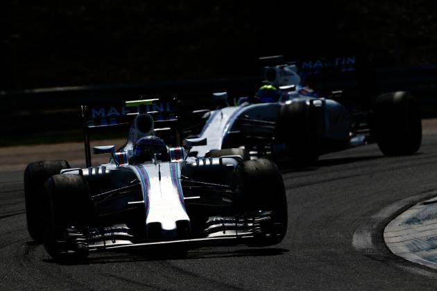 BUDAPEST, HUNGARY - JULY 24: Valtteri Bottas of Finland driving the (77) Williams Martini Racing Williams FW38 Mercedes PU106C Hybrid turbo leads Felipe Massa of Brazil driving the (19) Williams Martini Racing Williams FW38 Mercedes PU106C Hybrid turbo on track during the Formula One Grand Prix of Hungary at Hungaroring on July 24, 2016 in Budapest, Hungary. (Photo by Charles Coates/Getty Images)