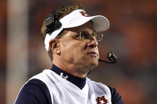 Nov 21, 2015; Auburn, AL, USA; Auburn Tigers head coach Gus Malzahn looks on during the fourth quarter against the Idaho Vandals at Jordan Hare Stadium. Auburn won 56-34. Mandatory Credit: Shanna Lockwood-USA TODAY Sports