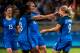 Eugenie Le Sommer (R) of France celebrates a goal during the Rio 2016 Olympic Games first round Group G women's football match France vs Colombia at the Mineirao stadium in Belo Horizonte, Brazil on August 3, 2016. / AFP / GUSTAVO ANDRADE (Photo credit should read GUSTAVO ANDRADE/AFP/Getty Images)