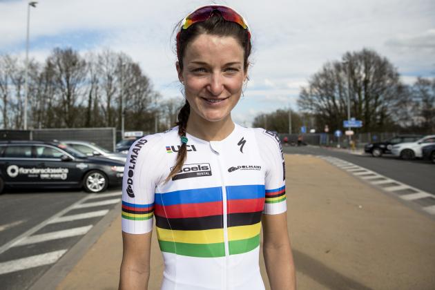 OUDENAARDE, BELGIUM - APRIL 3: Lizzie Armitstead of Team Sky poses on the finish of the Ronde van Vlaanderen 2016 on April 3,2016 in Oudenaarde,Belgium. (Photo by Scott Mitchell/teamsky.com via Getty Images)