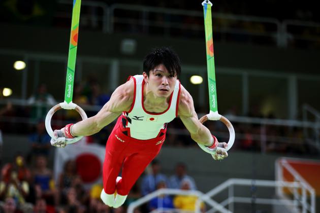 RIO DE JANEIRO, BRAZIL - AUGUST 06:  Kohei Uchimura of Japan competes on the rings in the Artistic Gymnastics Men's Team qualification on Day 1 of the Rio 2016 Olympic Games at Rio Olympic Arena on August 6, 2016 in Rio de Janeiro, Brazil.  (Photo by Alex Livesey/Getty Images)