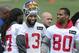 New York Giants wide receivers Victor Cruz (80), Odell Beckham Jr. (13) and Dwayne Harris (17) talk during an NFL football minicamp Wednesday, April 27, 2016, in East Rutherford, N.J. (AP Photo/Mel Evans)