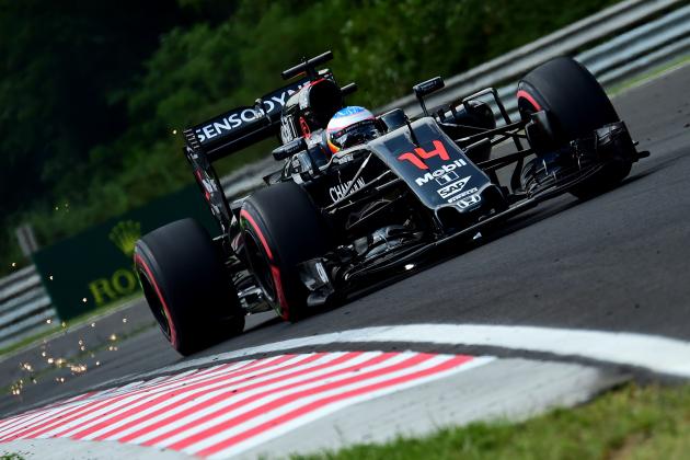 McLaren Honda's Spanish driver Fernando Alonso races during the free practice session ahead of the Formula One Hungarian Grand Prix at the Hungaroring circuit in Mogyorod near Budapest, Hungary, on July 23, 2016. / AFP / ATTILA KISBENEDEK        (Photo credit should read ATTILA KISBENEDEK/AFP/Getty Images)