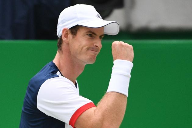 Britain's Andy Murray reacts after scoring a point during his men's first round singles tennis match against Serbia's Viktor Troicki at the Olympic Tennis Centre of the Rio 2016 Olympic Games in Rio de Janeiro on August 7, 2016. / AFP / Roberto SCHMIDT        (Photo credit should read ROBERTO SCHMIDT/AFP/Getty Images)
