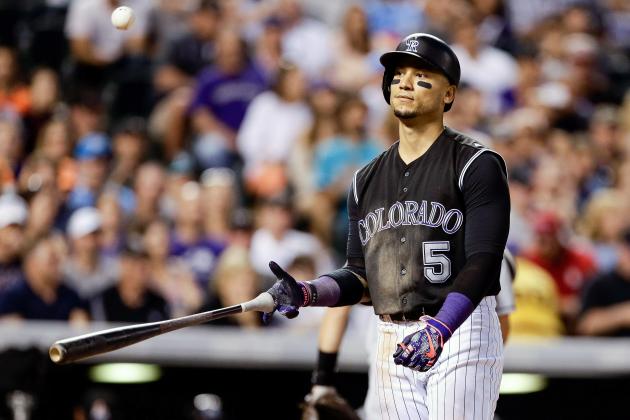 Aug 6, 2016; Denver, CO, USA; Colorado Rockies right fielder Carlos Gonzalez (5) tosses his bat after striking out in the sixth inning against the Miami Marlins at Coors Field. Mandatory Credit: Isaiah J. Downing-USA TODAY Sports
