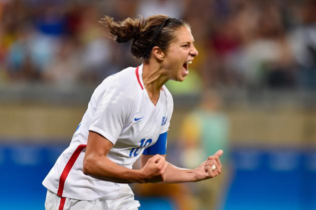 BELO HORIZONTE, BRAZIL - AUGUST 06:  Carli Lloyd of United States celebrates after scoring during the Women's Group G first round match between United States and France during Day 1 of the Rio 2016 Olympic Games at Mineirao Stadium on August 6, 2016 in Belo Horizonte, Brazil.  (Photo by Pedro Vilela/Getty Images)