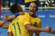 TOPSHOT - Gabriel Jesus (L) of Brazil celebrates with teammate Neymar his goal against Denmark during the Rio 2016 Olympic Games mens first round Group A football match Brazil vs Denmark, at the Arena Fonte Nova Stadium in Salvador, Brazil on August 10, 2016 / AFP / NELSON ALMEIDA (Photo credit should read NELSON ALMEIDA/AFP/Getty Images)