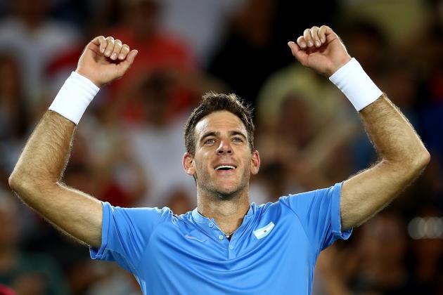 RIO DE JANEIRO, BRAZIL - AUGUST 07: Juan Martin Del Potro of Argentina celebrates after victory against Novak Djokovic of Serbia in their singles match on Day 2 of the Rio 2016 Olympic Games at the Olympic Tennis Centre on August 7, 2016 in Rio de Janeiro, Brazil. (Photo by Clive Brunskill/Getty Images)