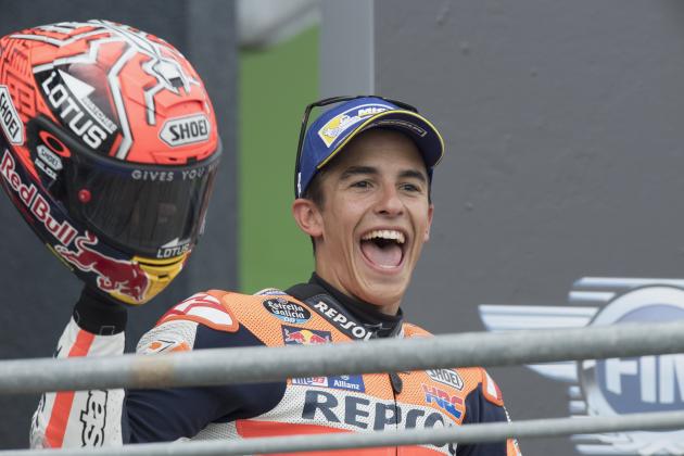 HOHENSTEIN-ERNSTTHAL, SAXONY - JULY 17:  Marc Marquez of Spain and Repsol Honda Team celebrates the victory on the podium at the end of the MotoGP race during the MotoGp of Germany - Race at Sachsenring Circuit on July 17, 2016 in Hohenstein-Ernstthal, Germany.  (Photo by Mirco Lazzari gp/Getty Images)