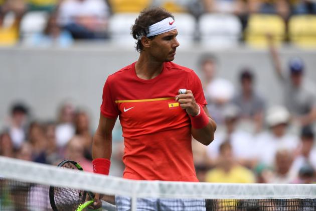 Spain's Rafael Nadal reacts after a point against France's Gilles Simon during their men's singles third round tennis match at the Olympic Tennis Centre of the Rio 2016 Olympic Games in Rio de Janeiro on August 11, 2016. / AFP / Martin BERNETTI        (Photo credit should read MARTIN BERNETTI/AFP/Getty Images)