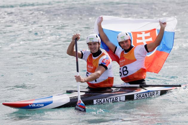 RIO DE JANEIRO, BRAZIL - AUGUST 11: Ladislav Skantar and Peter Skantar of Slovakia celebrate winning gold medal after the Men's Canoe Double (C2) Final on Day 6 of the Rio 2016 Olympics at Whitewater Stadium on August 11, 2016 in Rio de Janeiro, Brazil. (Photo by Jamie Squire/Getty Images)