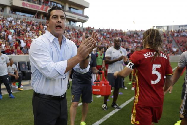 Jul 16, 2016; Sandy, UT, USA; Real Salt Lake head coach Jeff Cassar gets his team pumped prior to their game against the New England Revolution at Rio Tinto Stadium. Mandatory Credit: Jeff Swinger-USA TODAY Sports