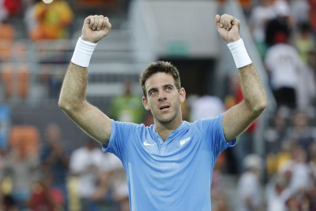 Aug 8, 2016; Rio de Janeiro, Brazil; Juan Martin  Del Potro (ARG) celebrates after defeating Joao Sousa (POR, not pictured) during the men's singles in the Rio 2016 Summer Olympic Games at Olympic Tennis Centre. Mandatory Credit: Andrew P. Scott-USA TODAY Sports