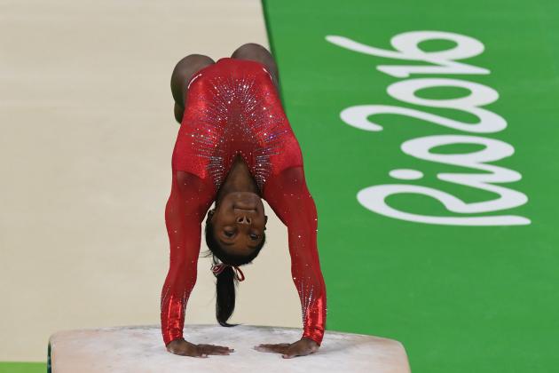 US gymnast Simone Biles competes in the women's vault event final of the Artistic Gymnastics at the Olympic Arena during the Rio 2016 Olympic Games in Rio de Janeiro on August 14, 2016. / AFP / Toshifumi KITAMURA        (Photo credit should read TOSHIFUMI KITAMURA/AFP/Getty Images)