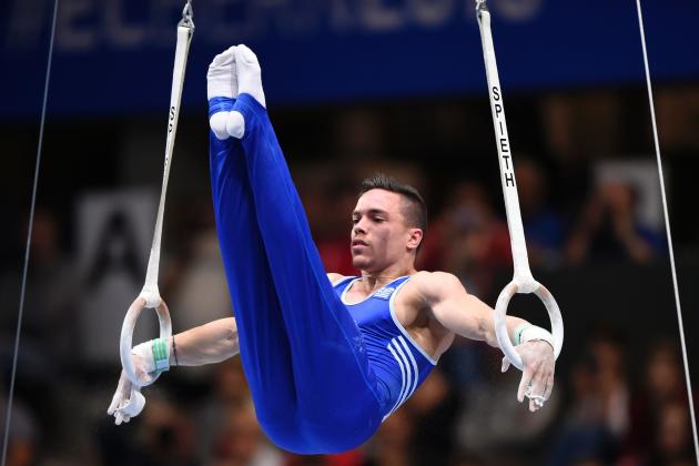 Greeces Eleftherios Petrounias performs during the Mens Rings competition of the European Artistic Gymnastics Championships 2016 in Bern, Switzerland on May 29, 2016. / AFP / FABRICE COFFRINI        (Photo credit should read FABRICE COFFRINI/AFP/Getty Images)
