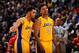 LOS ANGELES, CA - FEBRUARY 19: D'Angelo Russell #1 of the Los Angeles Lakers and Nick Young #0 of the Los Angeles Lakers talk during the game against the San Antonio Spurs on February 19, 2016 at STAPLES Center in Los Angeles, California. NOTE TO USER: User expressly acknowledges and agrees that, by downloading and/or using this Photograph, user is consenting to the terms and conditions of the Getty Images License Agreement. Mandatory Copyright Notice: Copyright 2016 NBAE (Photo by Juan Ocampo/NBAE via Getty Images)