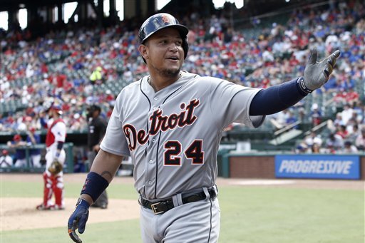 Miguel Cabrera waves at fans before MLB game.