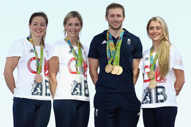 RIO DE JANEIRO, BRAZIL - AUGUST 17:  (l to r) Team GB cyclists Katy Marchant, Rebecca James, Jason Kenny and Laura Trott pose with their gold medals at Adidas House on August 17, 2016 in Rio de Janeiro, Brazil.  (Photo by Bryn Lennon/Getty Images)