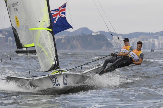 New Zealand's Peter Burling and Blair Tuke compete in the 49er men opening series during the Rio 2016 Olympic Games in Rio de Janeiro on August 16, 2016 / AFP / Damien MEYER (Photo credit should read DAMIEN MEYER/AFP/Getty Images)