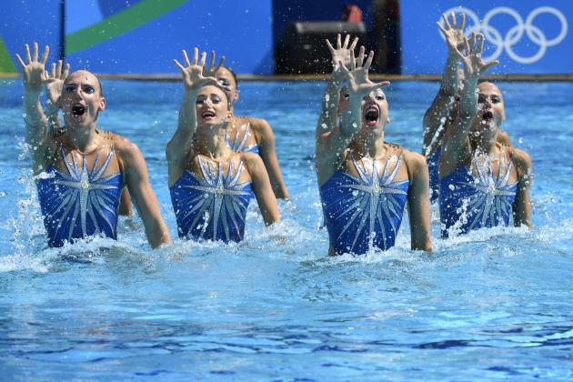 Team Russia competes in the Teams Free Routine final during the synchronised swimming event at the Maria Lenk Aquatics at the Rio 2016 Olympic Games in Rio de Janeiro on August 19, 2016. / AFP / CHRISTOPHE SIMON (Photo credit should read CHRISTOPHE SIMON/AFP/Getty Images)