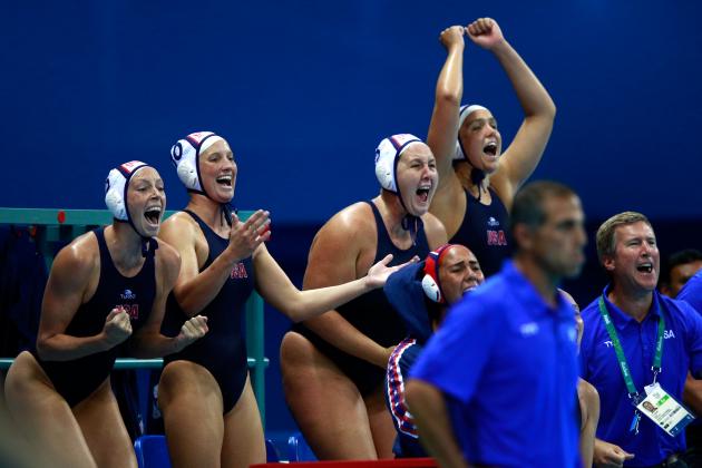 RIO DE JANEIRO, BRAZIL - AUGUST 19: The United States bench cheer in the Women's Water Polo Gold Medal Classification match between the United States and Italy on Day 14 of the Rio 2016 Olympic Games at the Olympic Aquatics Stadium on August 19, 2016 in Rio de Janeiro, Brazil. (Photo by Adam Pretty/Getty Images)