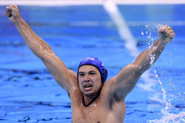Serbia's Dusan Mandic celebrates after defeating Croatia in the Rio 2016 Olympic Games water polo final match on August 20, 2016 at the Olympic Aquatics Stadium in Rio de Janeiro, Brazil. / AFP / GABRIEL BOUYS (Photo credit should read GABRIEL BOUYS/AFP/Getty Images)