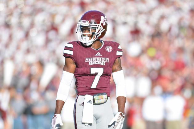 Nov 14, 2015; Starkville, MS, USA; Mississippi State Bulldogs defensive back Tolando Cleveland (7) waits for a play to begin during the game against the Alabama Crimson Tide at Davis Wade Stadium. Alabama won 31-6.  Mandatory Credit: Matt Bush-USA TODAY Sports