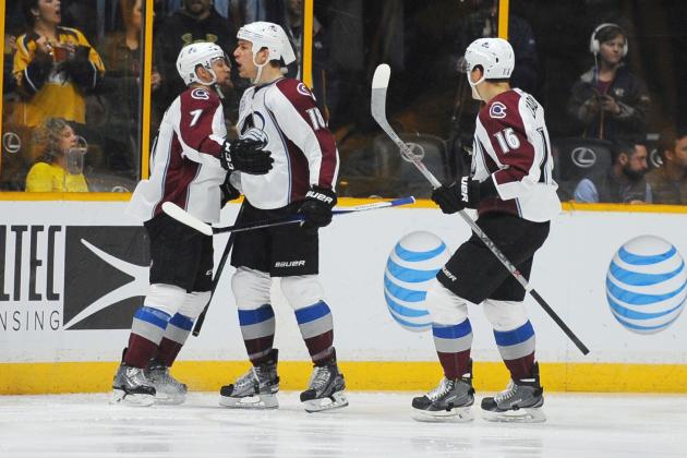 Apr 5, 2016; Nashville, TN, USA; Colorado Avalanche center Shawn Matthias (18) celebrates with center John Mitchell (7) and defenseman Nikita Zadorov (16) after a goal during the third period against the Nashville Predators at Bridgestone Arena. Mandatory Credit: Christopher Hanewinckel-USA TODAY Sports