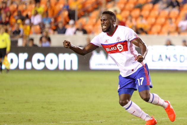 Aug 14, 2016; Houston, TX, USA; Toronto FC forward Jozy Altidore (17) celebrates after scoring a goal during the first half against the Houston Dynamo at BBVA Compass Stadium. Mandatory Credit: Erik Williams-USA TODAY Sports