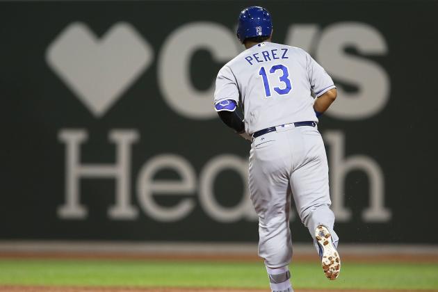 BOSTON, MA - AUGUST 28:  Salvador Perez #13 of the Kansas City Royals rounds the bases after hitting a solo home run in the second inning during a game against the Boston Red Sox on August 28, 2016 at Fenway Park in Boston, Massachusetts.  (Photo by Adam Glanzman/Getty Images)