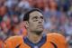 FILE - In this Aug. 20, 2016, file photo, Denver Broncos quarterback Mark Sanchez stands during the national anthem before a preseason NFL football game against the San Francisco 49ers, in Denver. Trevor Siemian is Peyton Manning's successor. Coach Gary Kubiak told the team Monday, Aug. 29, 2016, that Siemian will be the starting quarterback when the Broncos face Carolina in the season opener Sept. 8. Kubiak informed Siemian, Sanchez and Paxton Lynch of his decision before telling their teammates. (AP Photo/Jack Dempsey, File)