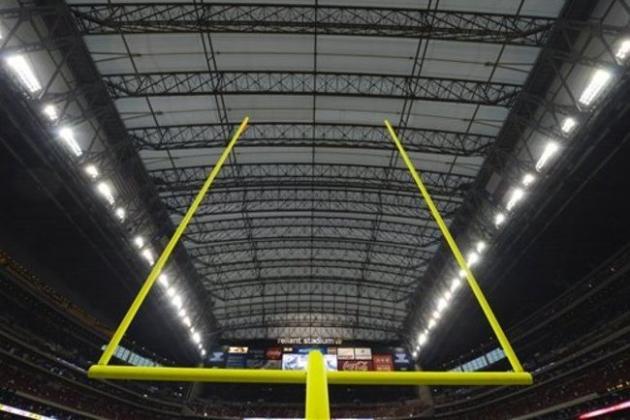 Goalpost in Reliant Stadium before an NFL football game between the San Francisco 49ers and Houston Texans, Saturday, Aug. 18, 2012, in Houston. (AP Photo/Dave Einsel)