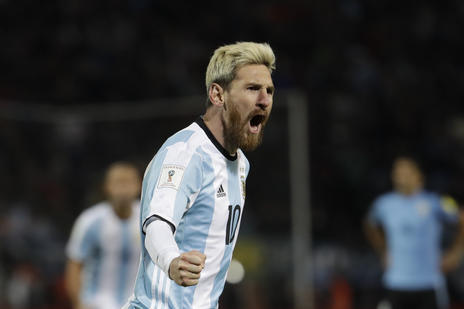 Argentina's Lionel Messi celebrates scoring against Uruguay during a 2018 World Cup qualifying soccer match in Mendoza, Argentina, Thursday, Sept. 1, 2016.(AP Photo/Natacha Pisarenko)