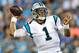 Aug 26, 2016; Charlotte, NC, USA; Carolina Panthers quarterback Cam Newton (1) throws a pass during the pre-season game at Bank of America Stadium. Patriots win 19-17 over the Panthers. Mandatory Credit: Jim Dedmon-USA TODAY Sports