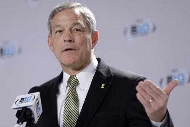 Iowa head coach Kirk Ferentz responds to a question during a news conference for the Big Ten Conference championship NCAA college football game Friday, Dec. 4, 2015, in Indianapolis. Iowa will play Michigan State Saturday for the championship. (AP Photo/Darron Cummings)