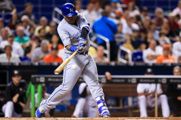 MIAMI, FL - AUGUST 24: Salvador Perez #13 of the Kansas City Royals at bat during the game against the Miami Marlins at Marlins Park on August 24, 2016 in Miami, Florida. (Photo by Rob Foldy/Getty Images)