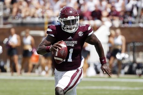 Mississippi State quarterback Damian Williams (11) runs as he looks to pass against South Alabama in their NCAA college football game in Starkville, Miss., Saturday, Sept. 3, 2016. South Alabama won 21-20. (AP Photo/Rogelio V. Solis)