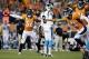 CORRECT THAT LEE WAS HOLDER, INSTEAD OF KICKER - Denver Broncos cornerback Kayvon Webster (36) celebrates a Carolina Panthers missed field goal as holder Andy Lee (8) looks away during the second half of an NFL football game, Thursday, Sept. 8, 2016, in Denver. The Broncos won 21-20. (AP Photo/Jack Dempsey)