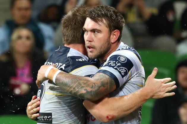 MELBOURNE, AUSTRALIA - SEPTEMBER 10:  Kyle Feldt of the Cowboys is congratulated by his teammates after scoring a try during the NRL Qualifying Final match between the Melbourne Storm and the North Queensland Cowboys at AAMI Park on September 10, 2016 in Melbourne, Australia.  (Photo by Scott Barbour/Getty Images)