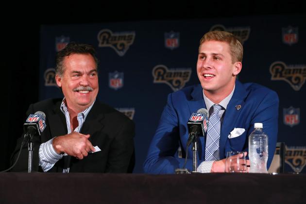 LOS ANGELES, CA - APRIL 29: Head coach Jeff Fisher and quarterback Jared Goff of the Los Angeles Rams speak onstage during a press conference to introduce Goff, the first overall pick of the 2016 NFL Draft, on April 29, 2016 in Los Angeles, California.  (Photo by Victor Decolongon/Getty Images)