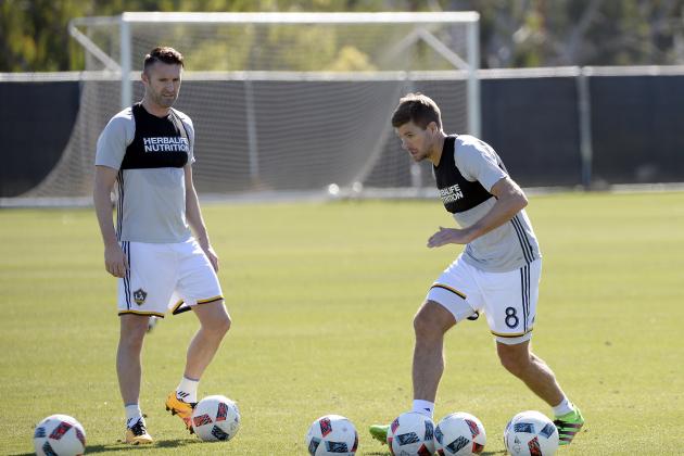 CARSON, CA - FEBRUARY 5: Steven Gerrard #8 and Robbie Keane of the Los Angeles Galaxy train at StubHub Center February 5, 2016, in Carson, California. (Photo by Kevork Djansezian/Getty Images)