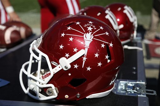 These are Indiana football helmets on the Indiana sidelines during the second half of an NCAA college football game against Penn State in State College, Pa., Saturday, Oct. 10, 2015. (AP Photo/Gene J. Puskar)
