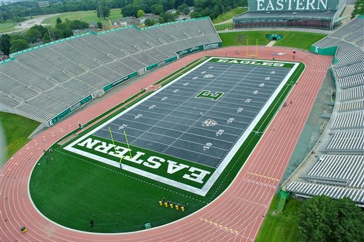 This undated photo released by Eastern Michigan University shows an aerial view of the new gray FieldTurf at Rynearson Stadium in Ypsilanti, Mich.. The school has replaced the stadium’s green artificial turf with gray FieldTurf. (AP Photo/Mike Householder)