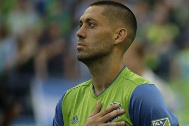 Seattle Sounders forward Clint Dempsey stands during the national anthem before an MLS soccer match against the Portland Timbers, Sunday, Aug. 21, 2016, in Seattle. (AP Photo/Ted S. Warren)