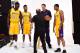 Young Lakers stars Julius Randle (far left), D'Angelo Russell (second to left), Jordan Clarkson (far right) and new head coach Luke Walton prepare for a photo shoot Monday at Lakers media day.