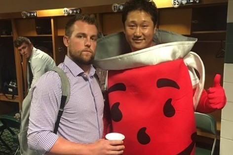 Mariners rookies traveled in costume, including the Kool-Aid Man