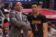 LOS ANGELES, CA - JANUARY 29: Byron Scott and D'Angelo Russell #1 of the Los Angeles Lakers talk during the game against the Los Angeles Clippers on January 29, 2016 at STAPLES Center in Los Angeles, California. NOTE TO USER: User expressly acknowledges and agrees that, by downloading and/or using this Photograph, user is consenting to the terms and conditions of the Getty Images License Agreement. Mandatory Copyright Notice: Copyright 2016 NBAE (Photo by Andrew D. Bernstein/NBAE via Getty Images)