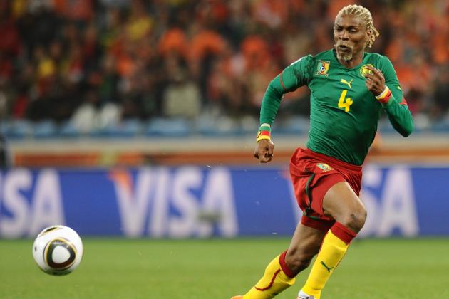 Cameroon's defender Rigobert Song eyes the ball during the Group E first round 2010 World Cup football match against Cameroon on June 24, 2010 at Green Point stadium in Cape Town. NO PUSH TO MOBILE / MOBILE USE SOLELY WITHIN EDITORIAL ARTICLE -  AFP PHOTO / CARL DE SOUZA (Photo credit should read CARL DE SOUZA/AFP/Getty Images)