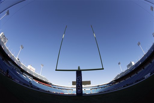 In this photo taken with a fisheye lens, goalpost and uprights are seen at New Era Field before an NFL football game between the Buffalo Bills and the Arizona Cardinals on Sunday, Sept. 25, 2016, in Orchard Park, N.Y. (AP Photo/Mike Groll)