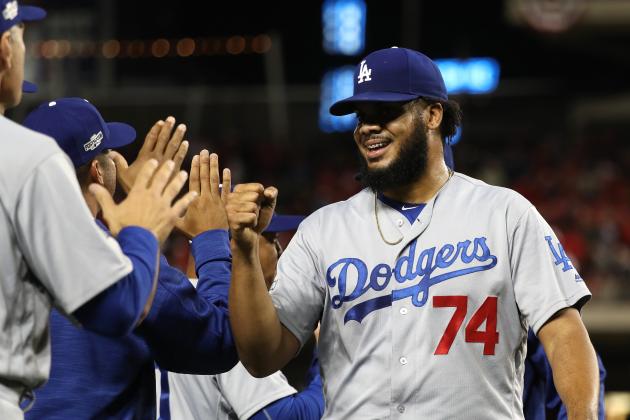 WASHINGTON, DC - OCTOBER 7: Kenley Jansen #74 of the Los Angeles Dodgers celebrates with teammates after the Los Angeles Dodgers defeated the Washington Nationals 4-3 in game one of the National League Division Series at Nationals Park on October 7, 2016 in Washington, DC. (Photo by Rob Carr/Getty Images)